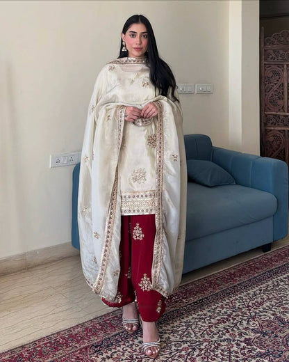 Gulnaar Glow Embroidered Ivory Kurta with Maroon Patiala Set