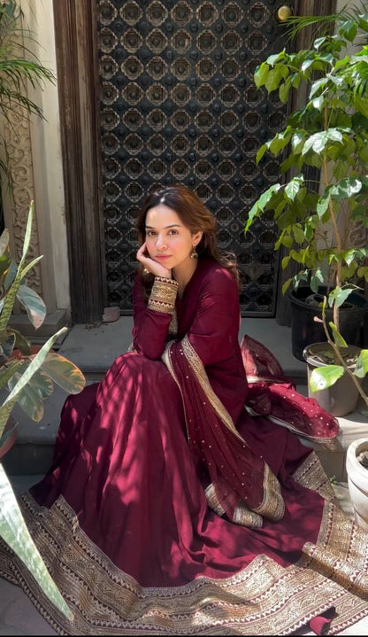 Regal Riwaayat Deep Maroon Cinon Silk Gown Pent