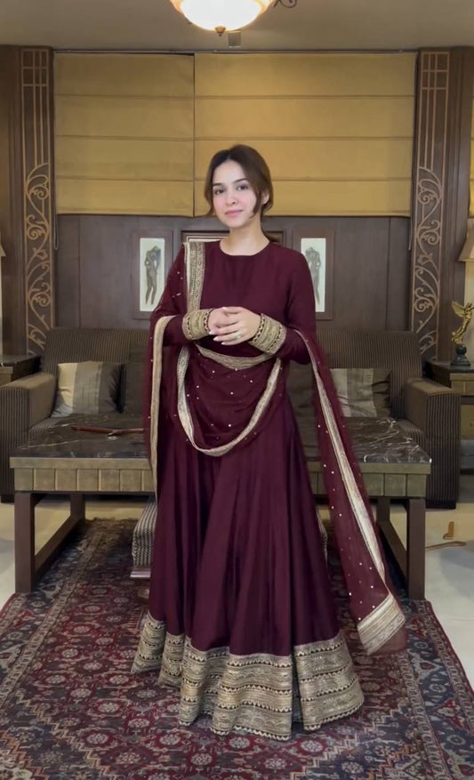 Regal Riwaayat Deep Maroon Cinon Silk Gown Pent