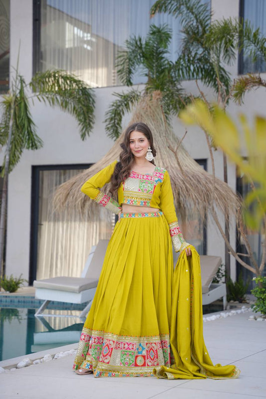 Ranglok Vibrant Mustard & Plum  Regal Borders Lehenga Choli