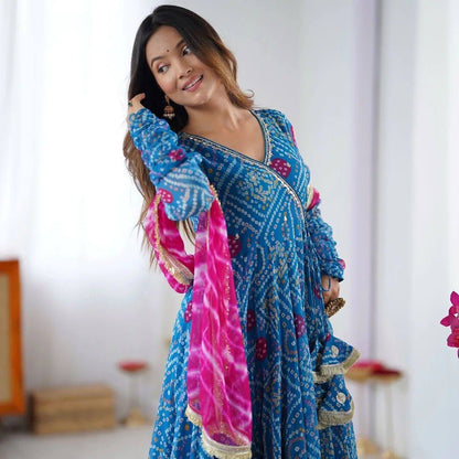 Neelkamal Bandhej Grace  Flared Gown Set
