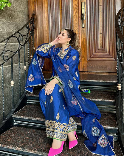 Majestic Royal Blue Silk Ensemble with Mughal Zari Embroidery Kurti Plazzo Set