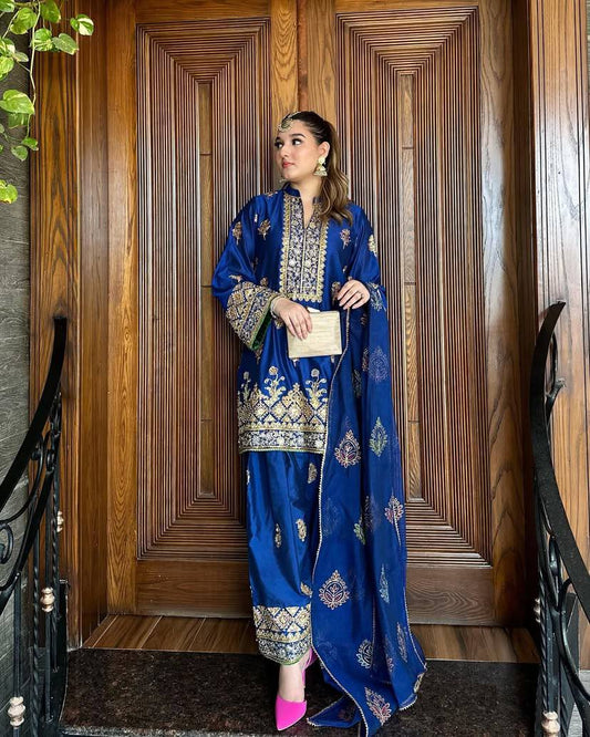 Majestic Royal Blue Silk Ensemble with Mughal Zari Embroidery Kurti Plazzo Set