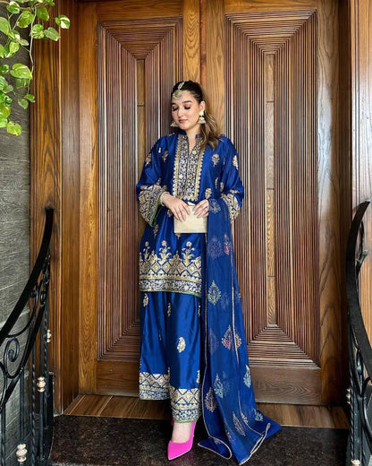 Majestic Royal Blue Silk Ensemble with Mughal Zari Embroidery Kurti Plazzo Set