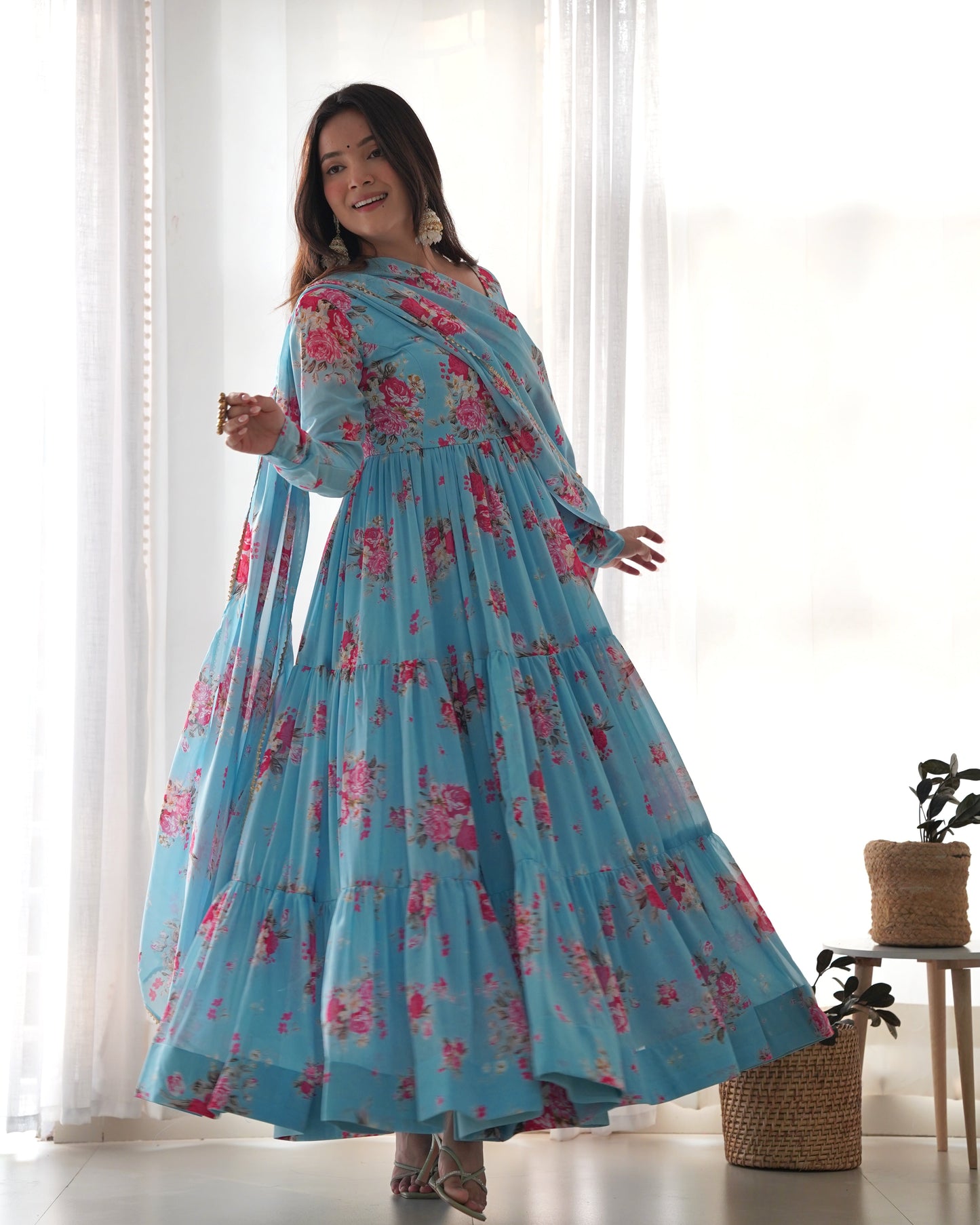 Elegant Floral Print Pure Fox Georgette Fabric Gown