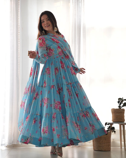 Elegant Floral Print Pure Fox Georgette Fabric Gown