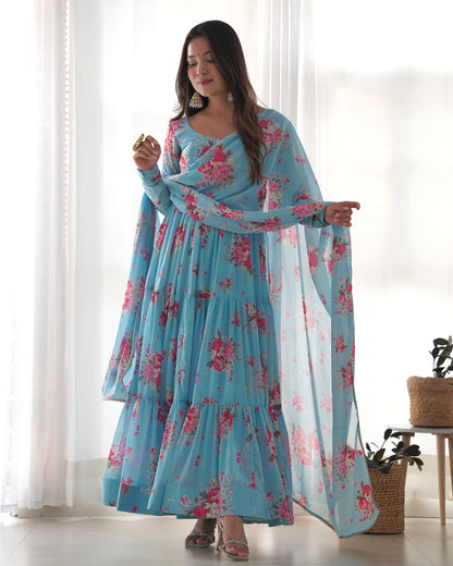 Elegant Floral Print Pure Fox Georgette Fabric Gown