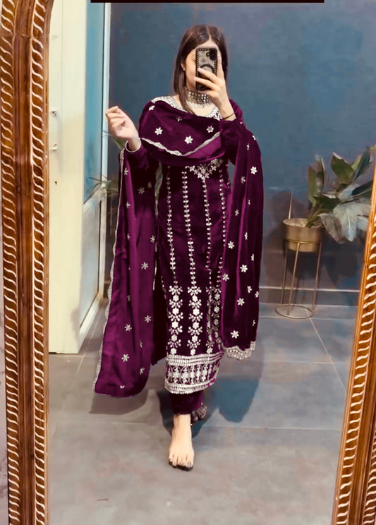 New Velvet Top -Pent  Dupatta Set Fully Stitched Ready To Wear
