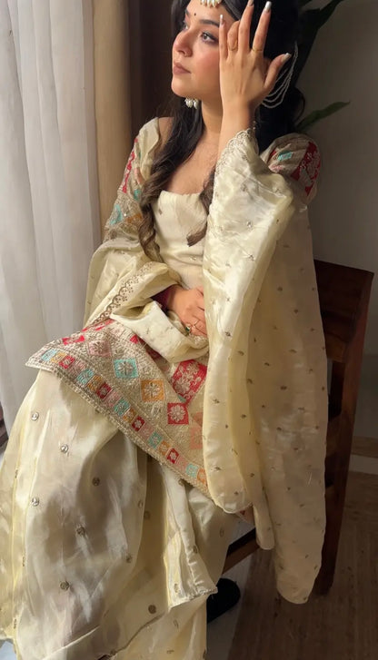 Khushi Silk Heavy Work Off White Sharara Set