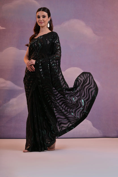 Black Color  Soft Georgette Sequins Saree