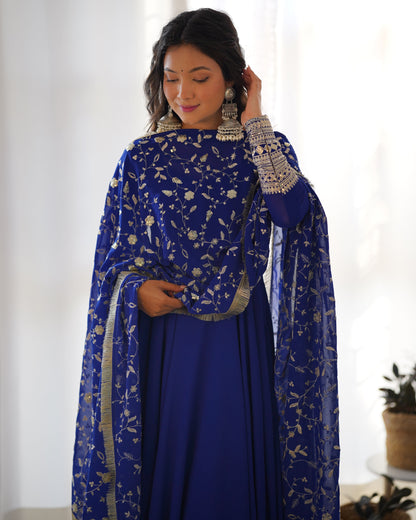 Blue Color Soft Georgette With Embroidery Work Dupatta Anarkali Gown