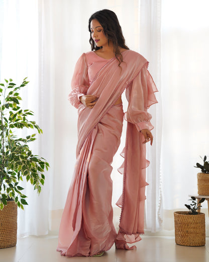 Peach With Premium Quality Jimmy Choo Organja Saree