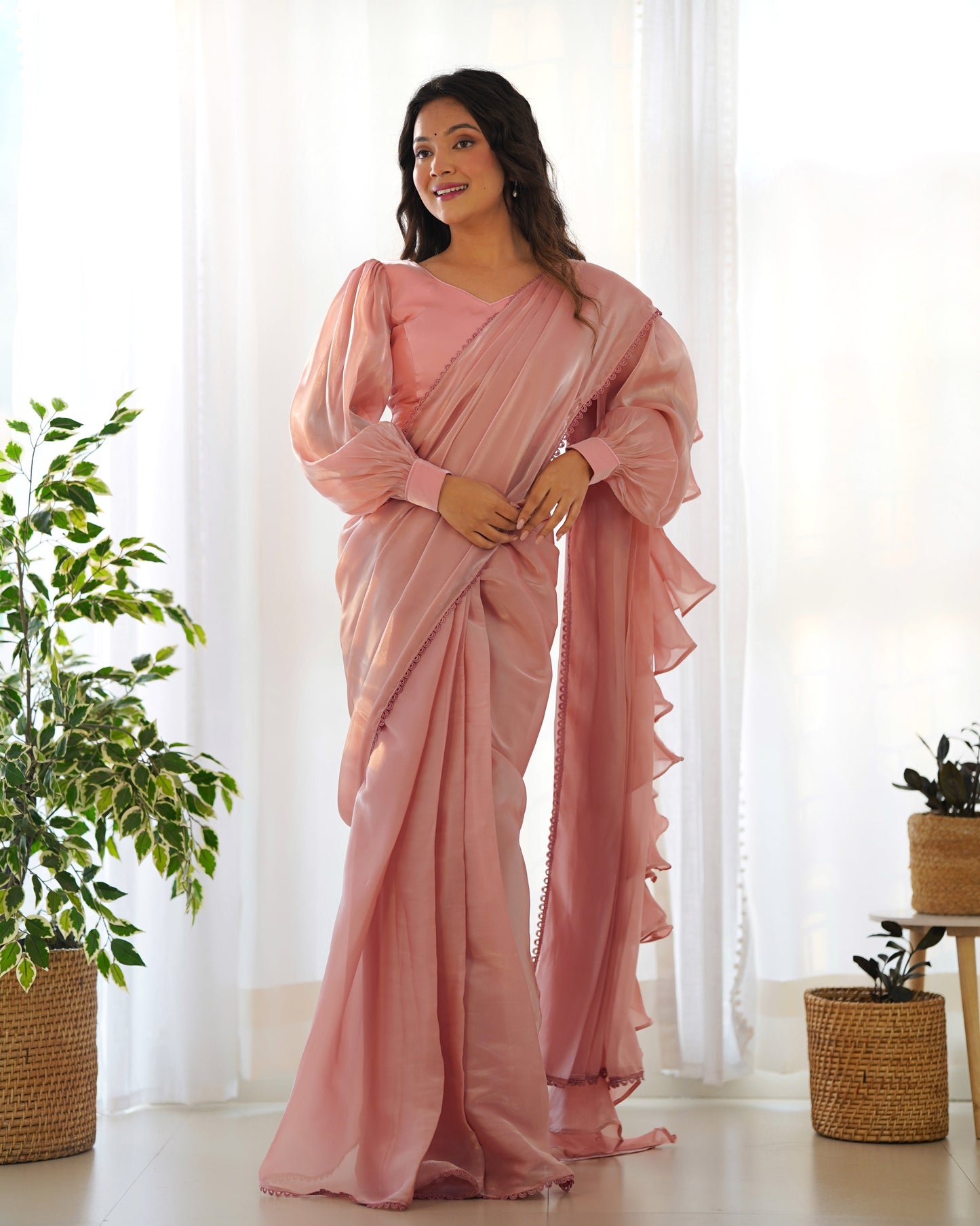 Peach With Premium Quality Jimmy Choo Organja Saree