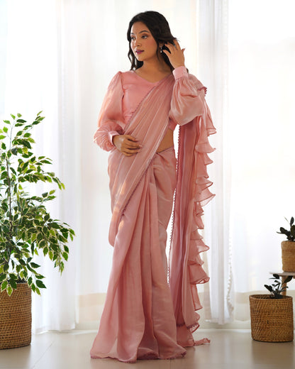 Peach With Premium Quality Jimmy Choo Organja Saree