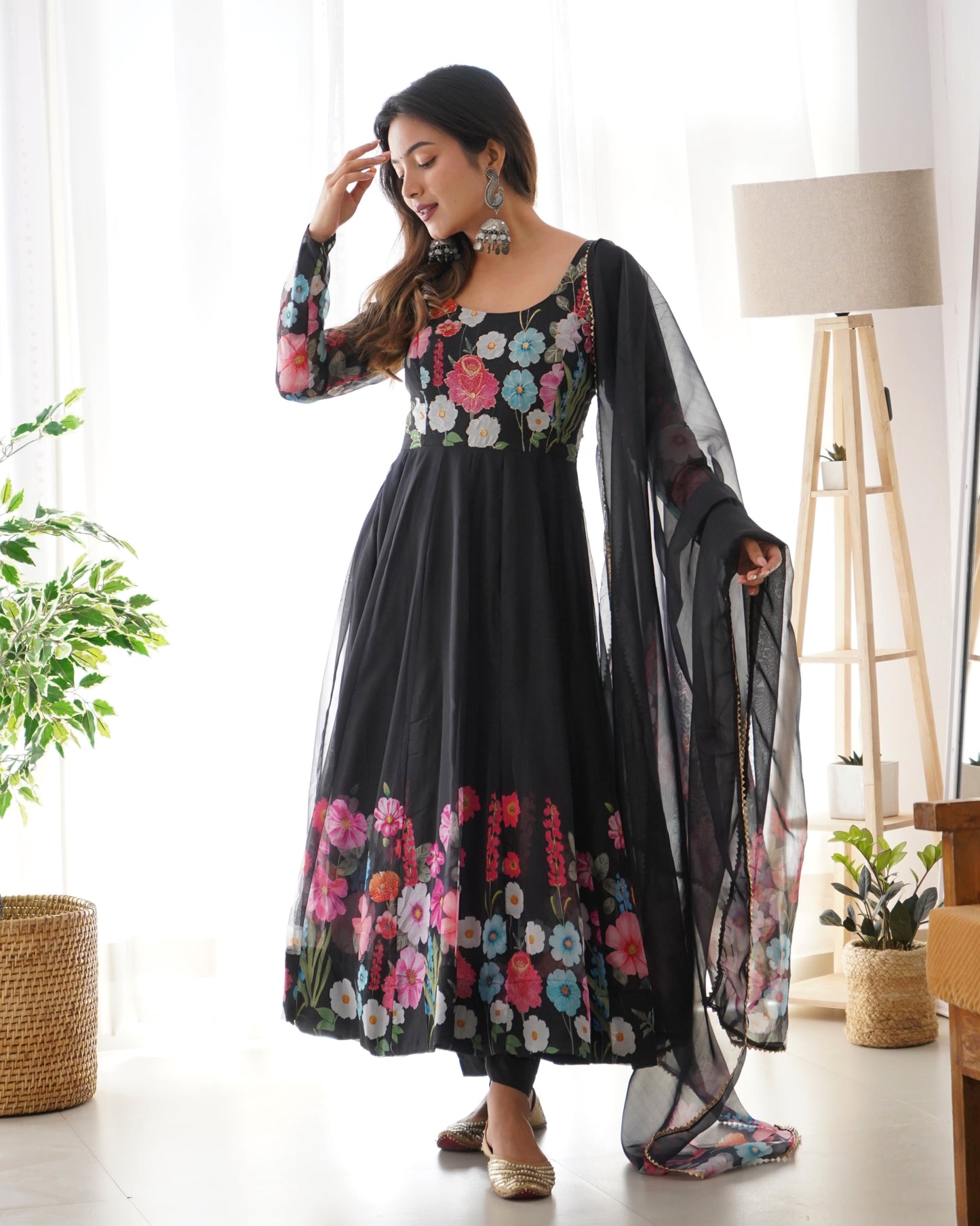 Ethereal Charm Soft Floral Organza Anarkali With Dupatta And Pant