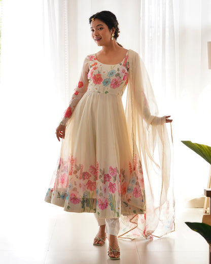 Ethereal Charm Soft Floral Organza Anarkali With Dupatta And Pant