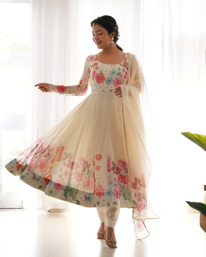 Ethereal Charm Soft Floral Organza Anarkali With Dupatta And Pant