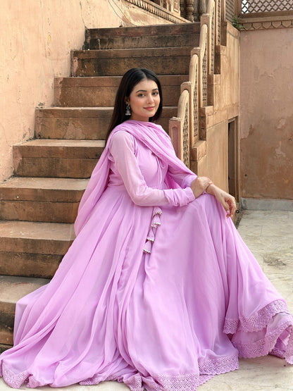 Graceful Lavender Anarkali Suit with Lace Hem Detailing