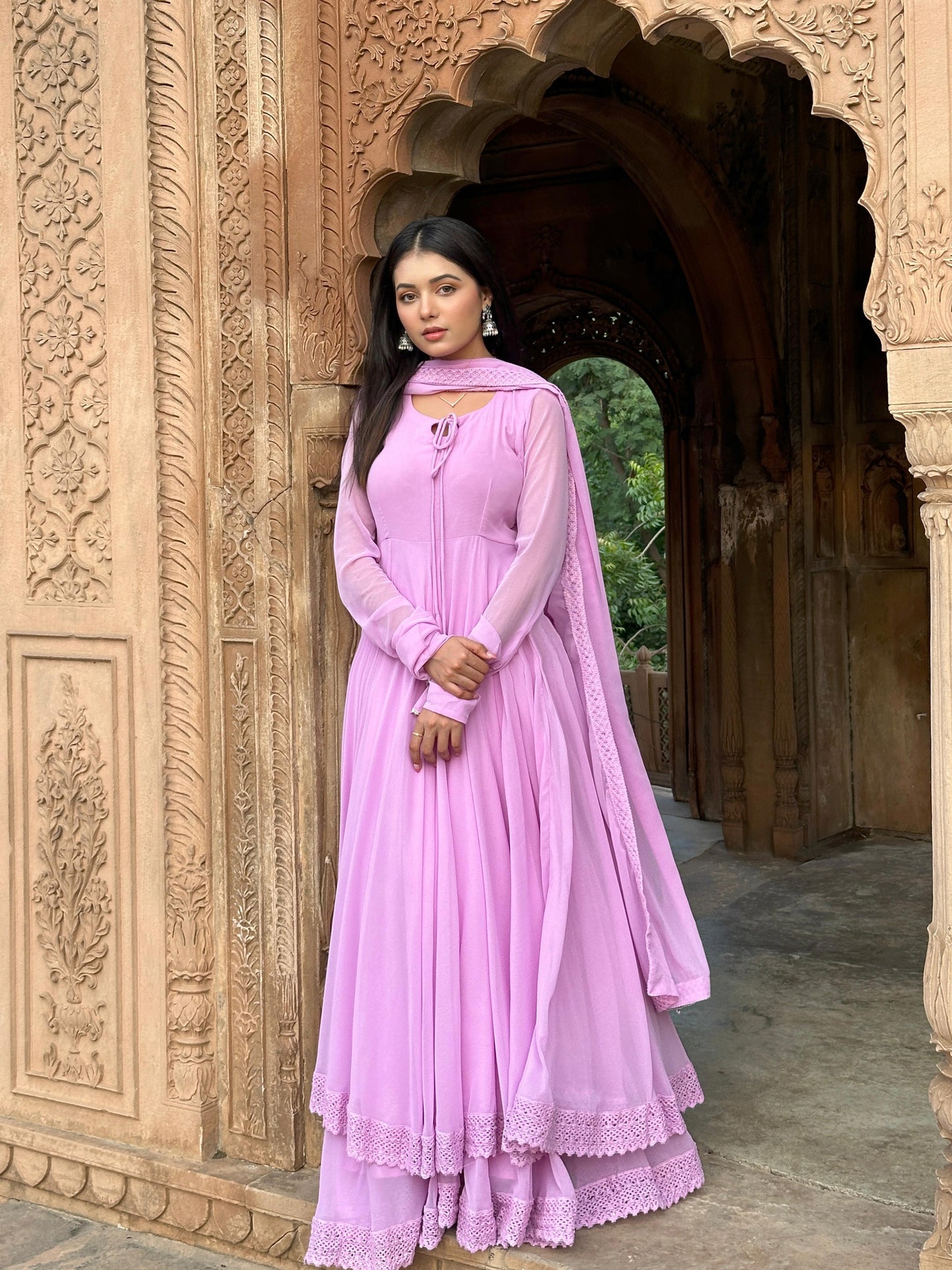 Graceful Lavender Anarkali Suit with Lace Hem Detailing