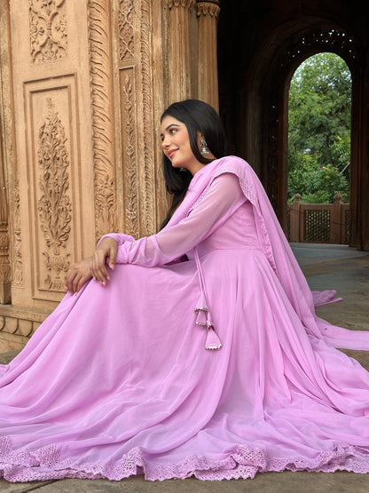 Graceful Lavender Anarkali Suit with Lace Hem Detailing