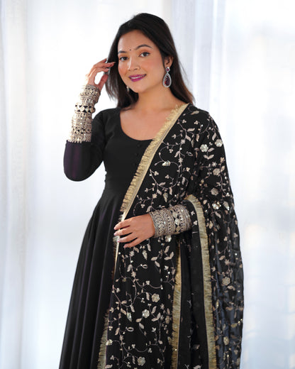 Black Color Soft Georgette With Embroidery Work Dupatta Anarkali Gown