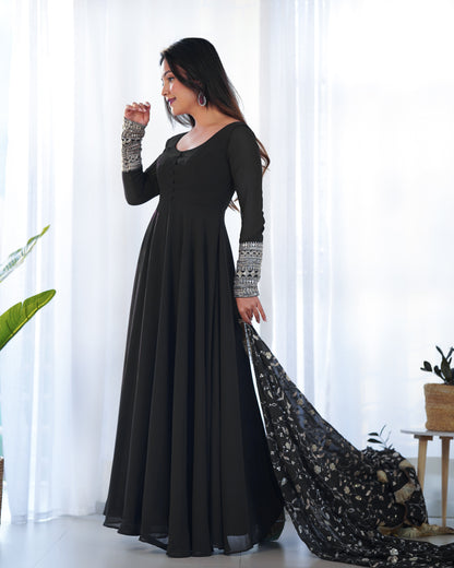 Black Color Soft Georgette With Embroidery Work Dupatta Anarkali Gown