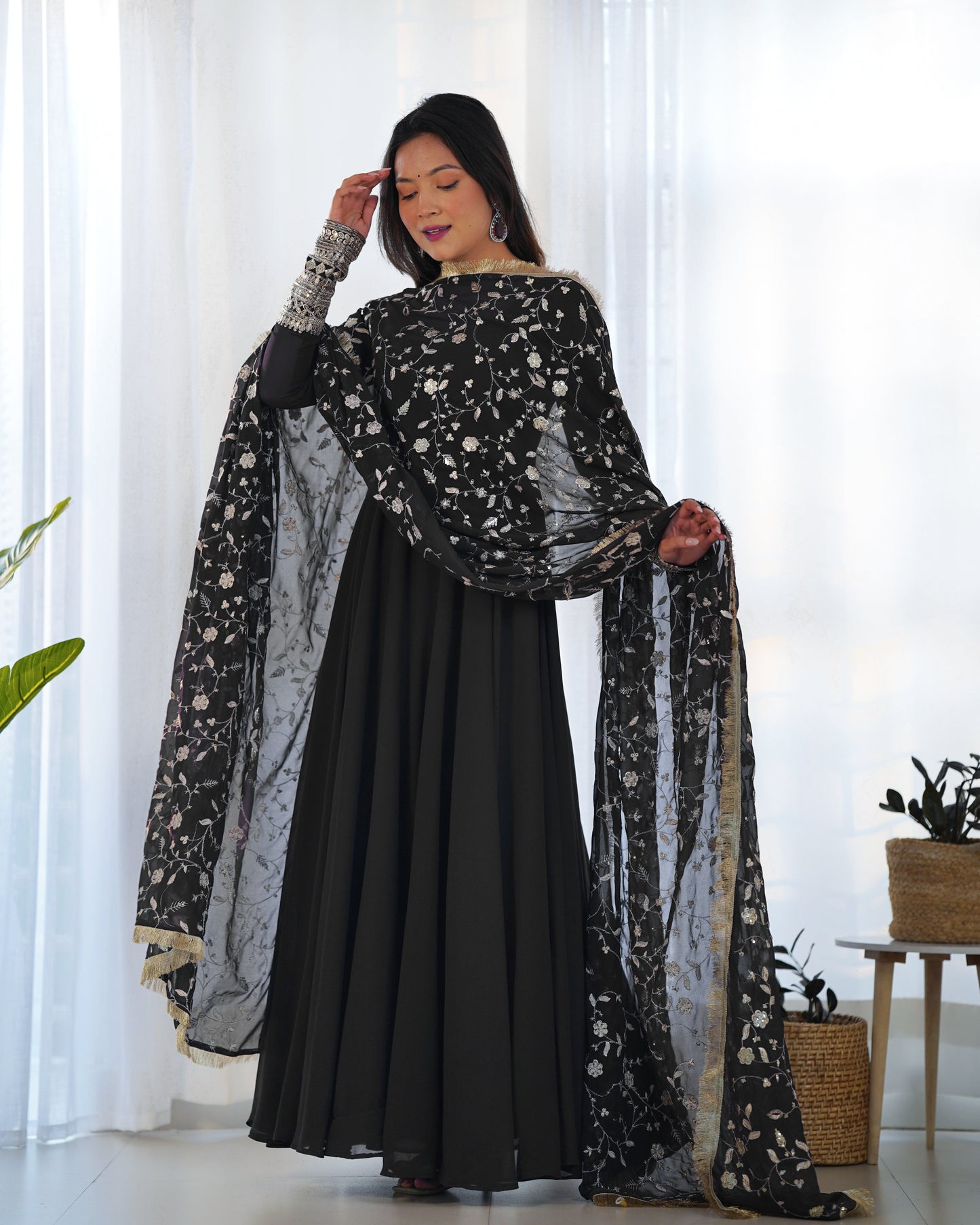 Black Color Soft Georgette With Embroidery Work Dupatta Anarkali Gown