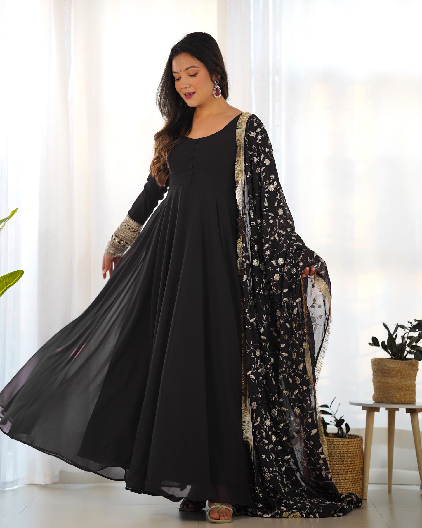 Black Color Soft Georgette With Embroidery Work Dupatta Anarkali Gown