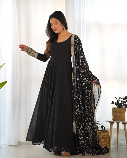 Black Color Soft Georgette With Embroidery Work Dupatta Anarkali Gown