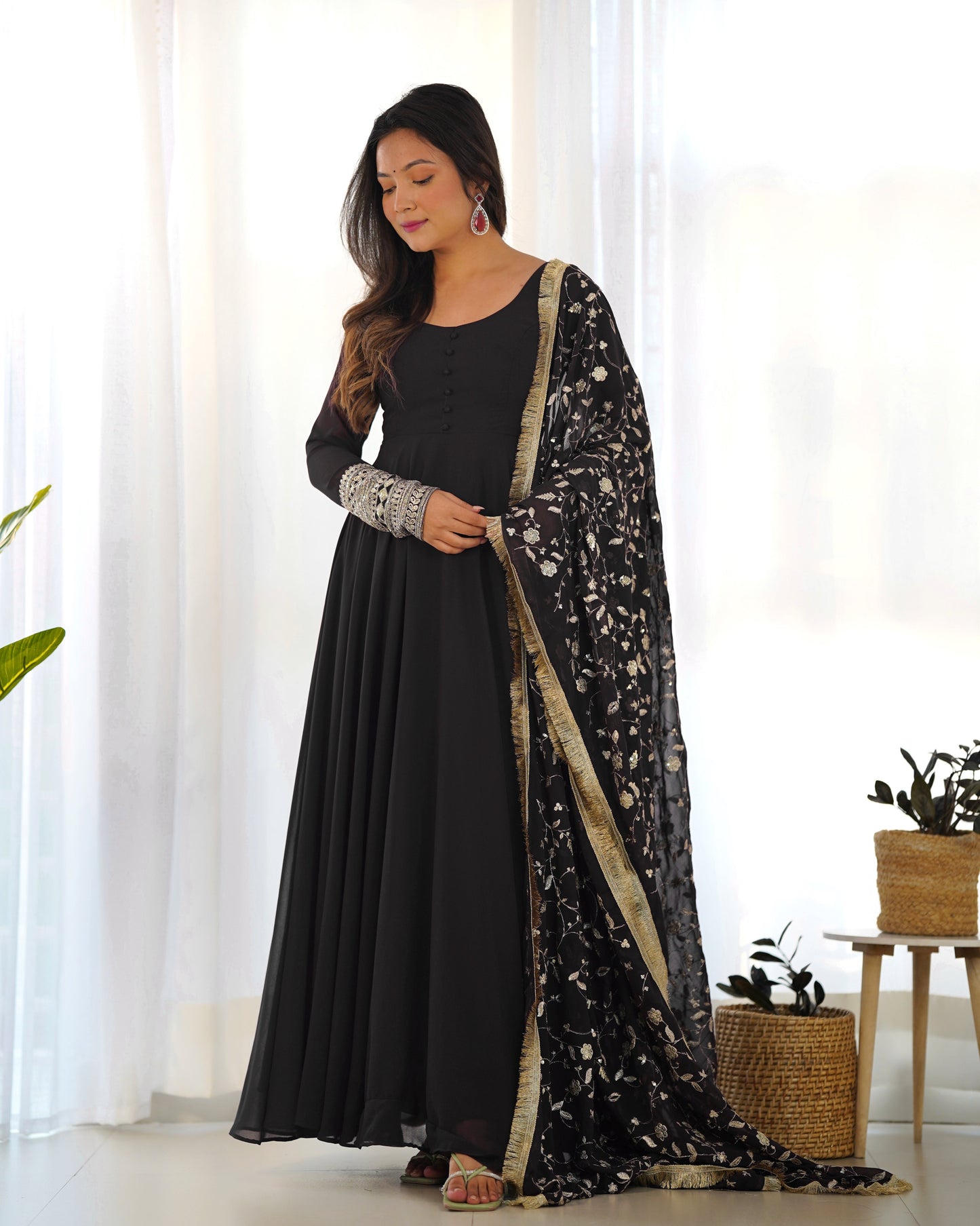 Black Color Soft Georgette With Embroidery Work Dupatta Anarkali Gown