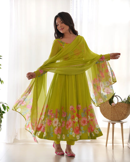 Ethereal Charm Soft Floral Organza Anarkali With Dupatta And Pant