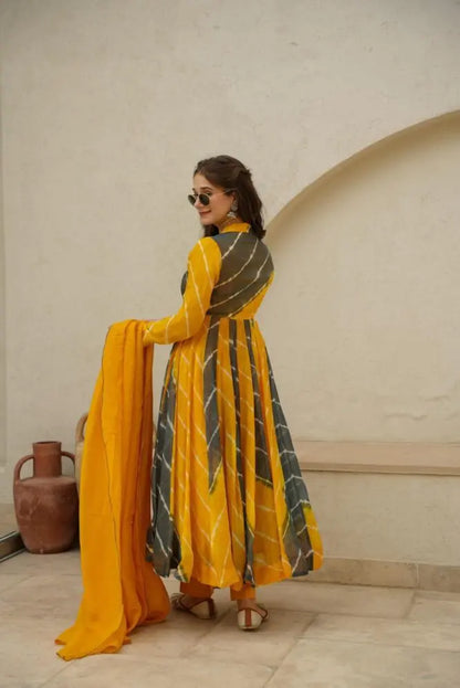 NIKITA MUSTARD & BLACK COLOR ORGANZA SUIT SET