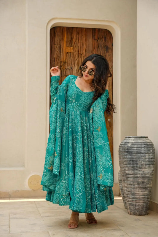 EMILY GREEN BANDHEJ MASLIN ANARKALI SUIT SET