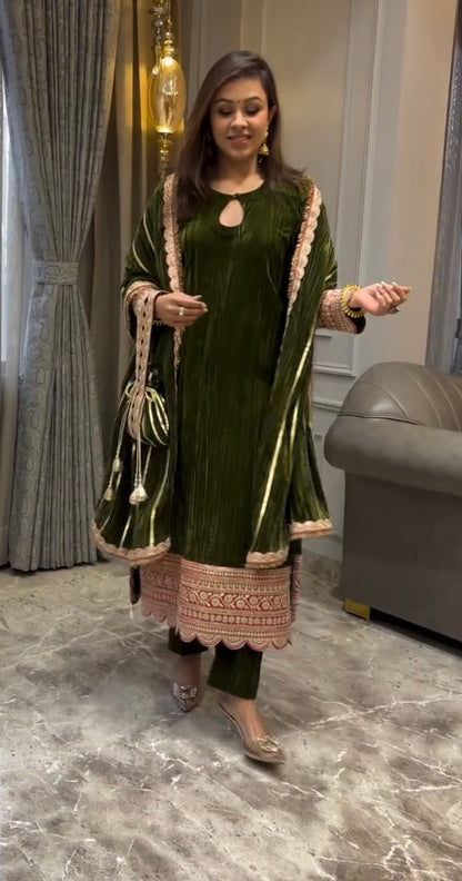 Elegant Olive Green Velvet Suit with Embroidered Dupatta