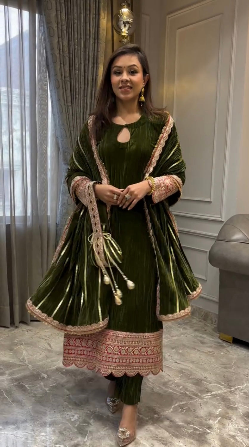 Elegant Olive Green Velvet Suit with Embroidered Dupatta