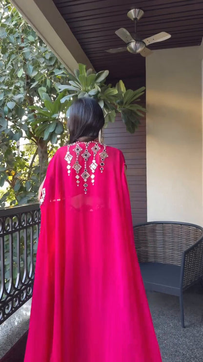 Steel Rani Pink Georgette Mirror Work Crop Top And Sharara