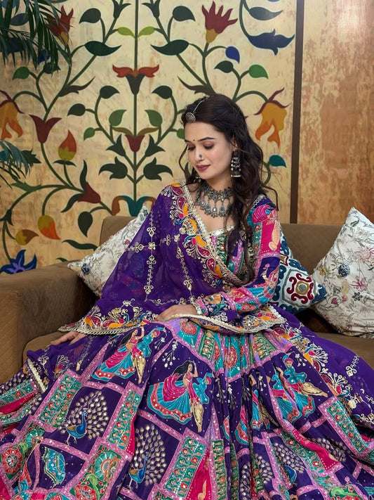 Royal Purple Real Mirror & Print Work Navratri Lehenga Choli