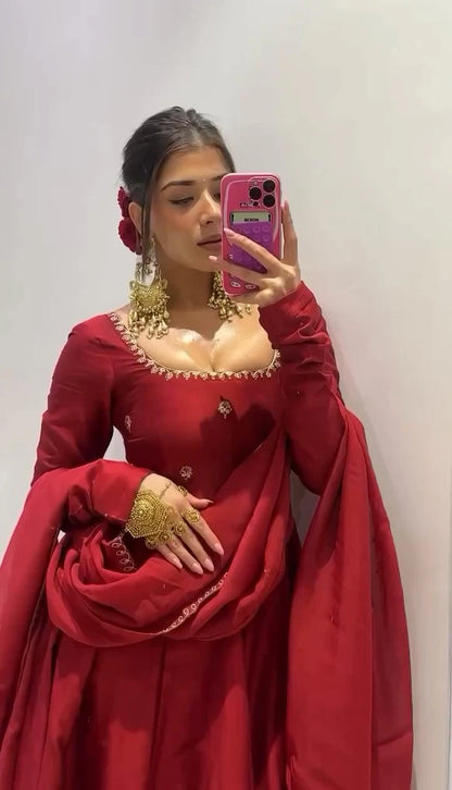 Kisakshi Red Ombre Natural Crep Beautiful Designer Anarkali