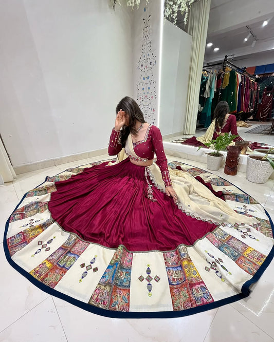 Rangtaar Mirror Maroon Heritage Border & Cream Tassel Lehenga Choli