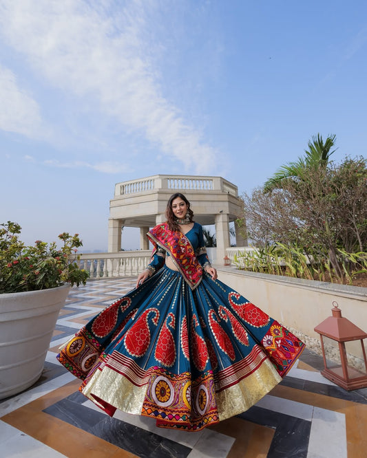 Teal Blue Garba Lehenga with Vibrant Kutch Patchwork & Real Mirror Detailing
