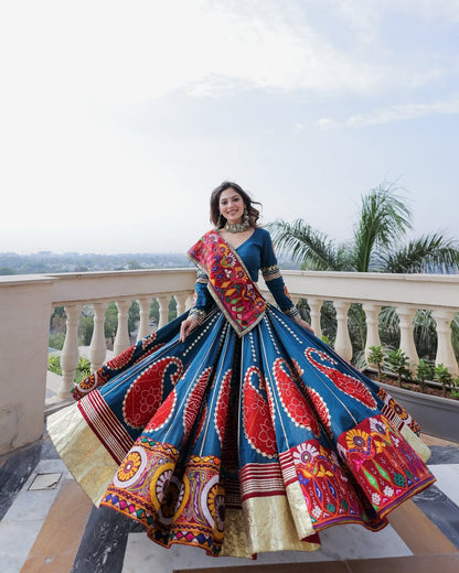 Teal Blue Garba Lehenga with Vibrant Kutch Patchwork & Real Mirror Detailing