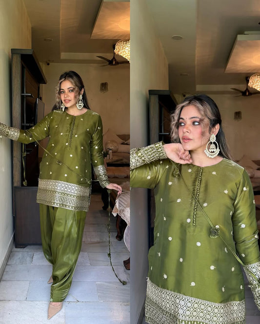 Olive Green Embroidered Tunic Set