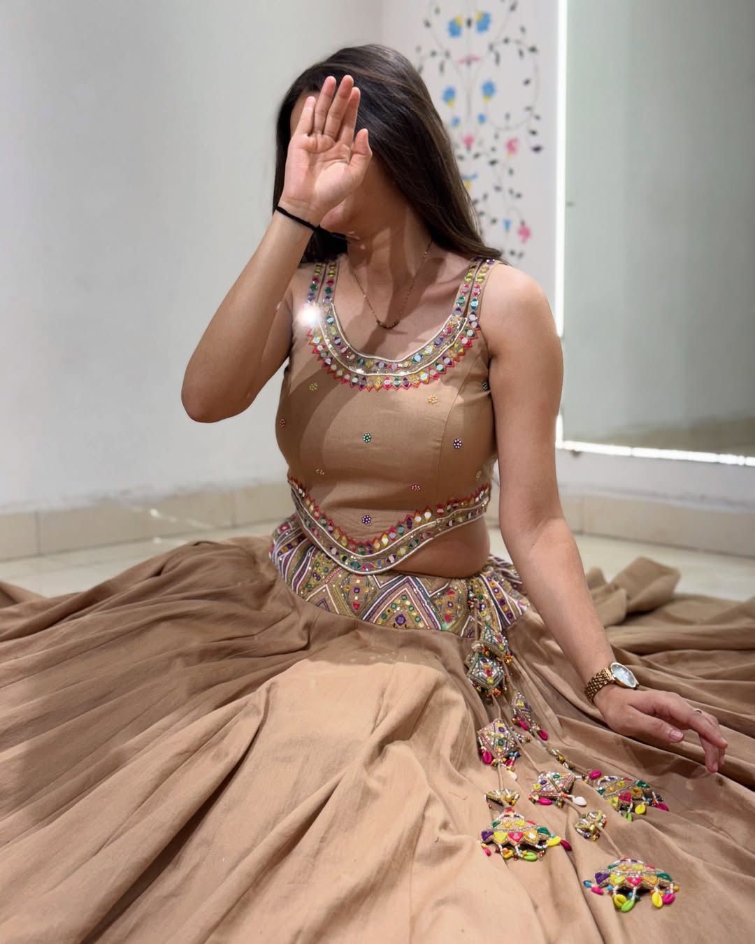 Elegant Mocha Mirror Work Lehenga Set