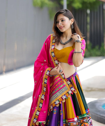 Multicolor Garba Lehenga with Pink Dupatta & Heavy Mirror Embroidery