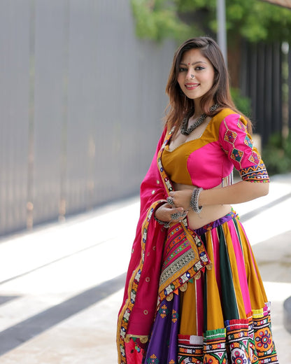 Multicolor Garba Lehenga with Pink Dupatta & Heavy Mirror Embroidery