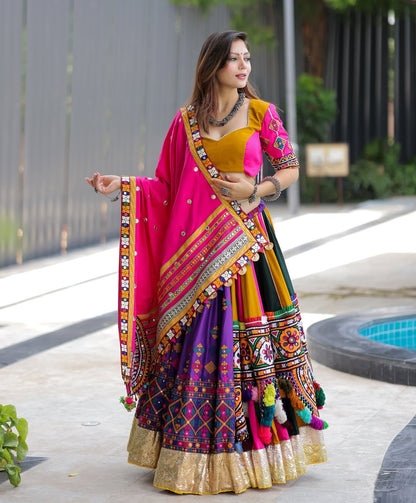Multicolor Garba Lehenga with Pink Dupatta & Heavy Mirror Embroidery