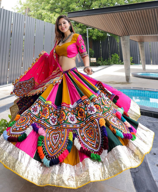 Multicolor Garba Lehenga with Pink Dupatta & Heavy Mirror Embroidery