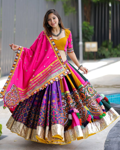 Multicolor Garba Lehenga with Pink Dupatta & Heavy Mirror Embroidery