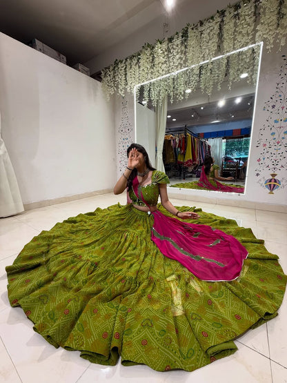 Bandhani Green & Rani Pink Traditional Navratri Lehenga