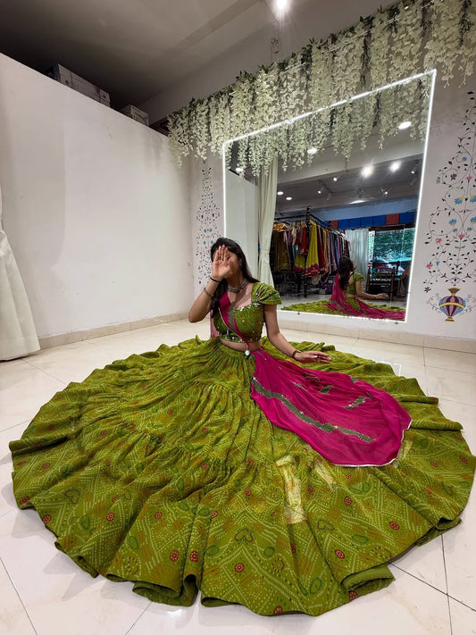 Bandhani Green & Rani Pink Traditional Navratri Lehenga